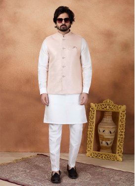 Art Silk Kurta Pajama With Jacket in Peach and White with Woven Work for Men