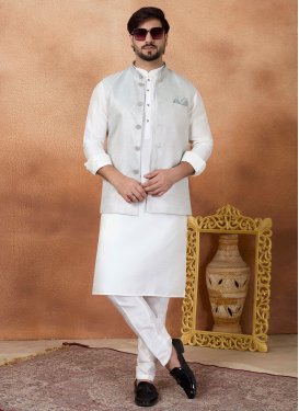 Woven Work Art Silk Kurta Pajama With Jacket in Light Blue and White for Men