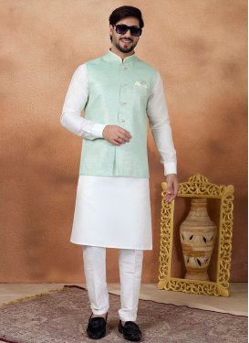 Art Silk Kurta Pajama With Jacket in Aqua Blue and White with Woven Work for Men