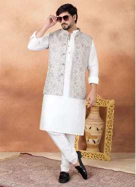 Art Silk Kurta Pajama With Jacket with Woven Work in White for Festival