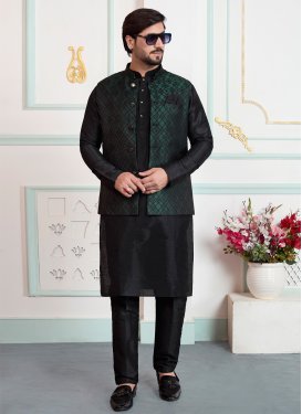 Art Silk Kurta Pajama With Jacket with Woven Work for Festival in Black