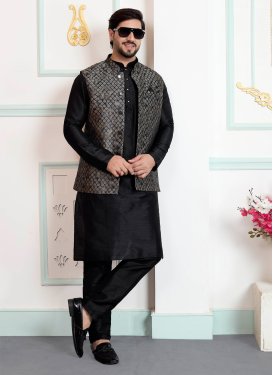 Black Art Silk Kurta Pajama With Jacket with Woven Work for Festival