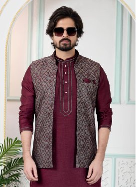 Jacquard Silk Nehru Jacket with Woven Work in Crimson