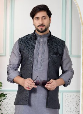 Jacquard Silk Nehru Jacket with Woven Work for Festival in Grey