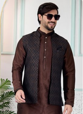 Coffee Brown Jacquard Silk Nehru Jacket with Woven Work for Party