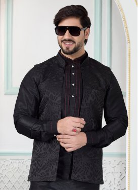 Jacquard Silk Nehru Jacket in Black with Woven Work for Men