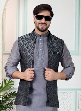 Jacquard Silk Nehru Jacket in Grey with Woven Work for Party