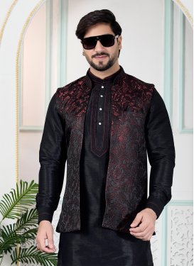 Maroon Jacquard Silk Woven Work Nehru Jacket for Men