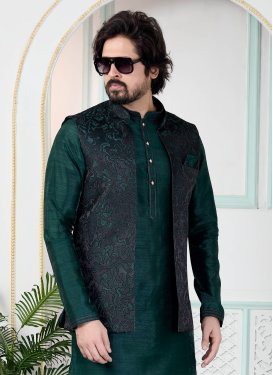 Jacquard Silk Nehru Jacket in Green with Woven Work for Men