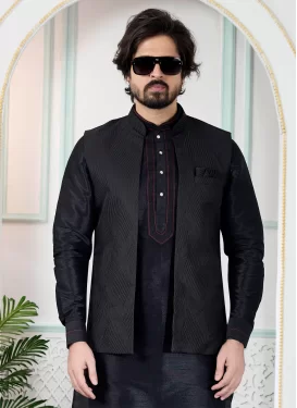 Jacquard Silk Nehru Jacket in Black with Woven Work for Men