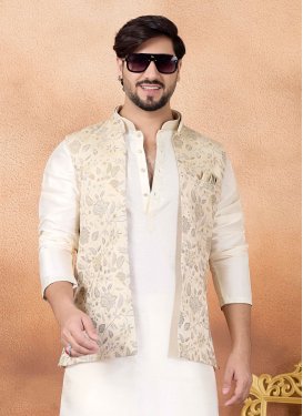 Cream Jacquard Silk Nehru Jacket with Woven Work for Festival