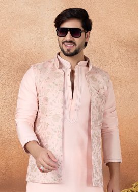Woven Work Jacquard Silk Nehru Jacket in Salmon for Party