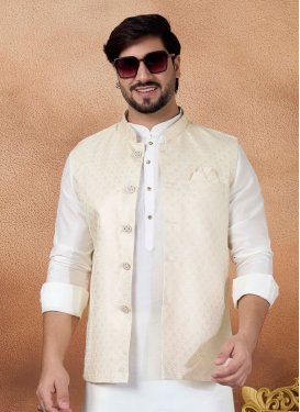 Cream Jacquard Silk Woven Work Nehru Jacket for Men