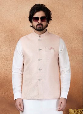 Jacquard Silk Nehru Jacket with Woven Work for Festival in Salmon