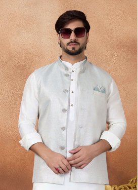Jacquard Silk Nehru Jacket with Woven Work for Men in Light Blue