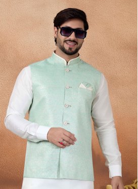 Jacquard Silk Nehru Jacket with Woven Work for Men in Turquoise