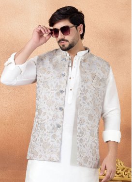 Woven Work Jacquard Silk Nehru Jacket in Silver Color for Men
