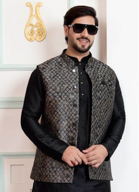 Jacquard Silk Nehru Jacket with Woven Work for Festival in Black