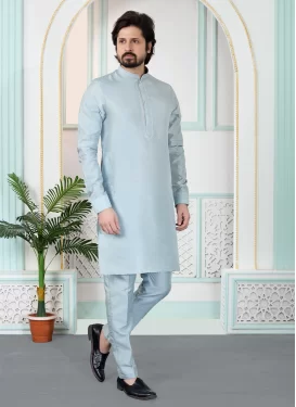 Art Silk Kurta Pajama with Resham Work for Festival in Light Blue
