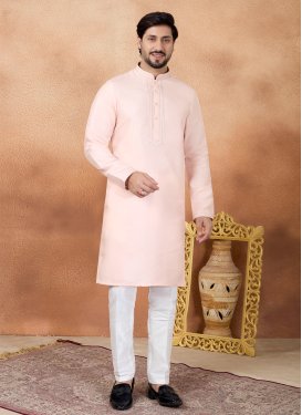 Art Silk Kurta Pajama in Salmon with Resham Work for Men
