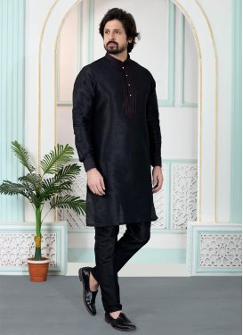 Art Silk Kurta Pajama in Black with Resham Work for Men