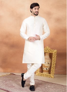 Resham Work Art Silk Kurta Pajama in Off White for Men