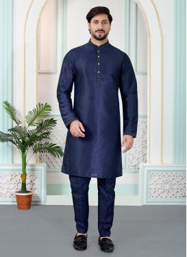 Art Silk Kurta Pajama in Navy Blue with Resham Work for Men