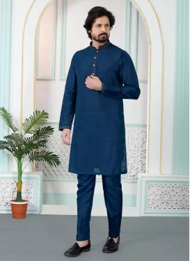 Resham Work Art Silk Kurta Pajama in Blue for Men