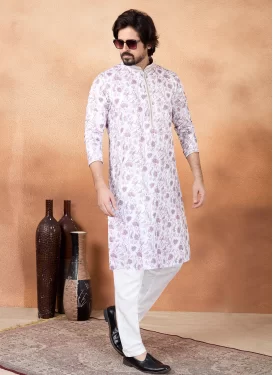 Art Silk Kurta Pajama with Digital Print Work for Ceremonial in Off White