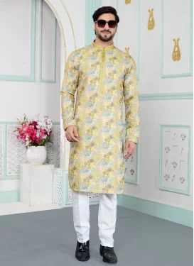 Art Silk Kurta Pajama in Yellow with Digital Print Work for Men