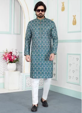 Digital Print Work Art Silk Kurta Pajama in Teal for Men