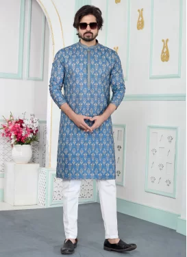 Digital Print Work Art Silk Kurta Pajama in Light Blue for Men