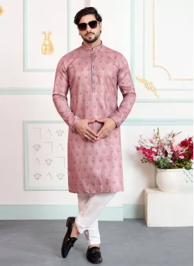 Art Silk Kurta Pajama with Digital Print Work in Salmon for Festival