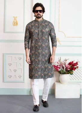 Art Silk Kurta Pajama with Digital Print Work in Black