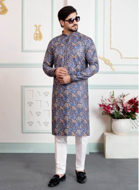 Blue Art Silk Digital Print Work Kurta Pajama for Men