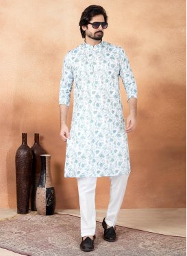 Off White Art Silk Digital Print Work Kurta Pajama for Men