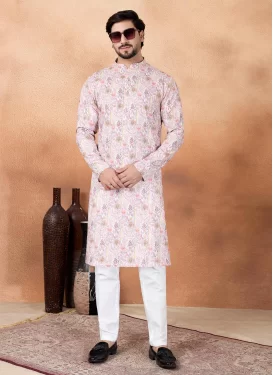 Off White and Pink Art Silk Kurta Pajama with Digital Print Work for Festival