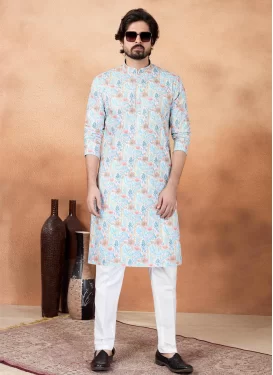 Art Silk Kurta Pajama in Firozi and Off White with Digital Print Work for Men