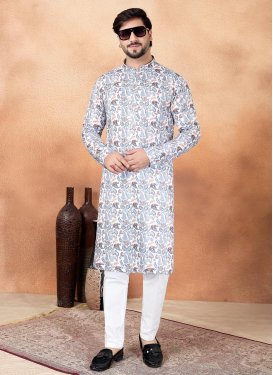 Art Silk Kurta Pajama in White with Digital Print Work for Ceremonial