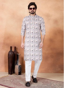 Digital Print Work Art Silk Kurta Pajama in White for Men