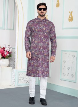 Purple and White Art Silk Kurta Pajama with Digital Print Work for Ceremonial