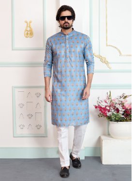 Art Silk Kurta Pajama in Light Blue and White with Digital Print Work for Festival