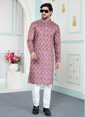Digital Print Work Art Silk Kurta Pajama in Salmon and White for Ceremonial
