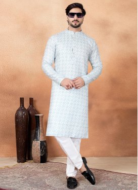 Firozi and Off White Art Silk Kurta Pajama with Digital Print Work for Ceremonial