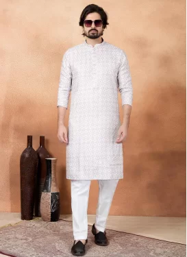 Off White Art Silk Digital Print Work Kurta Pajama for Men