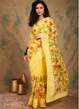 Net Traditional Saree with Embroidered Work for Women in Yellow