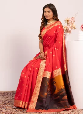 Silk Blend Classic Saree with Digital Print Work in Red