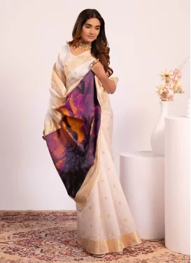 Silk Blend Traditional Saree with Digital Print Work in Off White