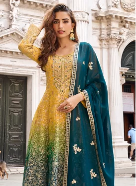 Georgette Palazzo Suit with Embroidered Work for Party in Teal and Yellow
