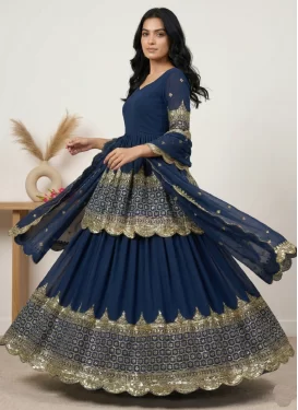 Georgette Kameez Style Lehenga Choli with Embroidered Work in Navy Blue